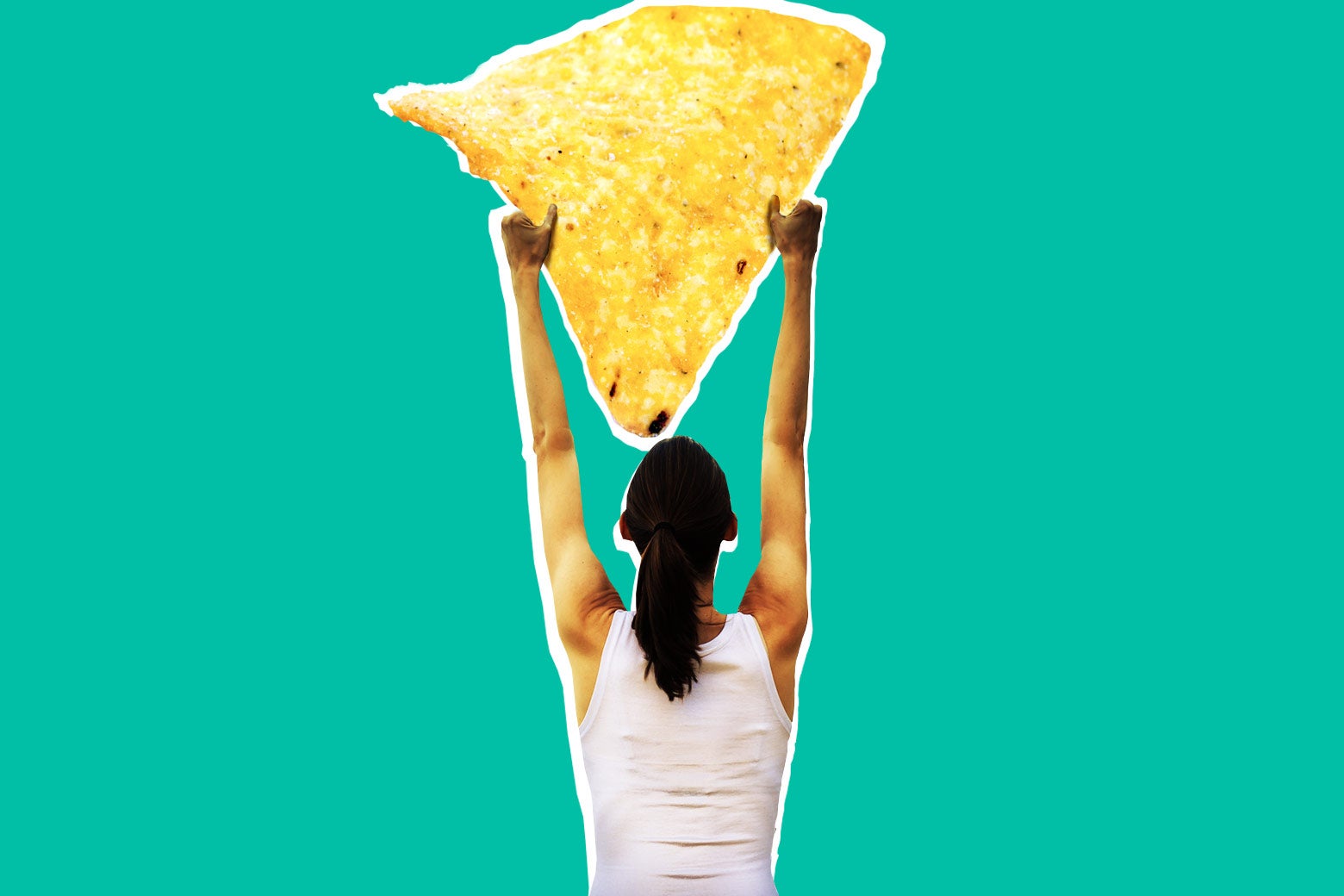 Photo illustration: A woman holds up a giant Dorito. Photo illustration by Slate. Photos by Thinkstock.