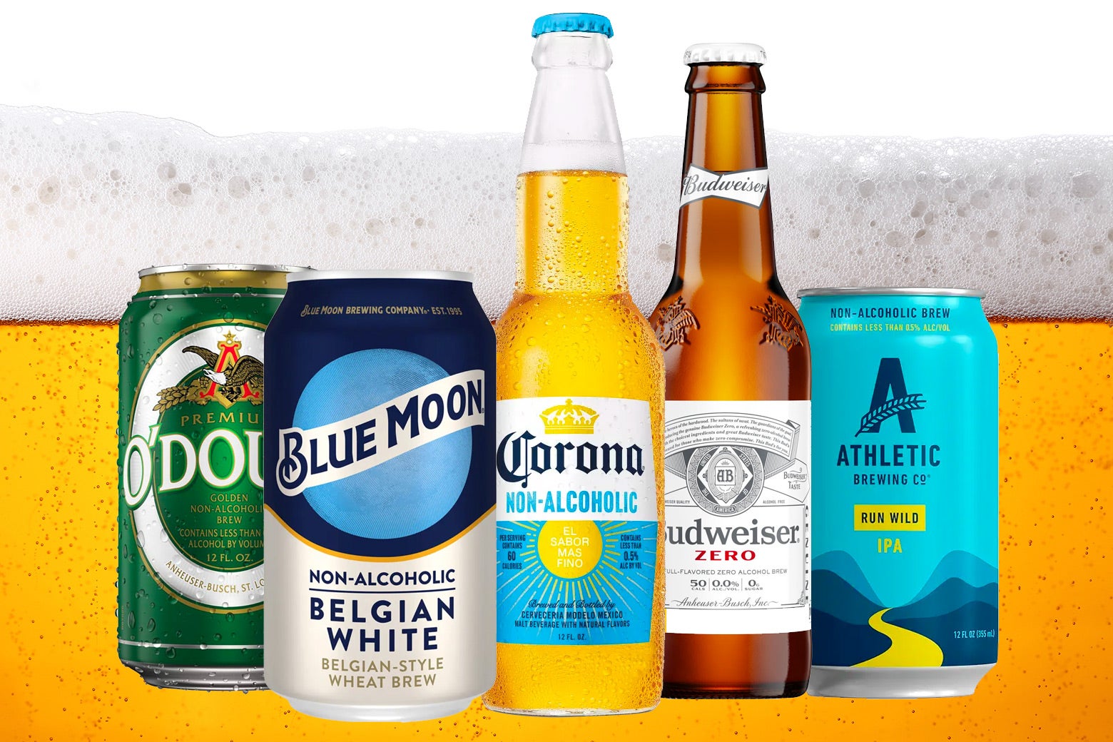 Five different brands of nonalcoholic beer are arrayed. 