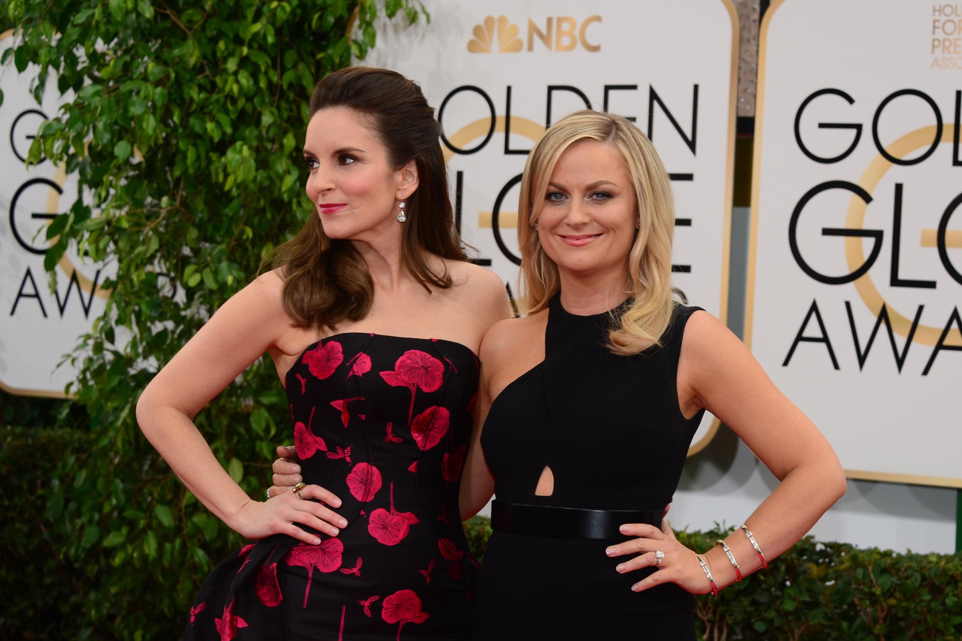 Tina Fey and Amy Poehler on the red carpet for the 2014 globes. Fey is in a black and red dress, Poehler is in black.