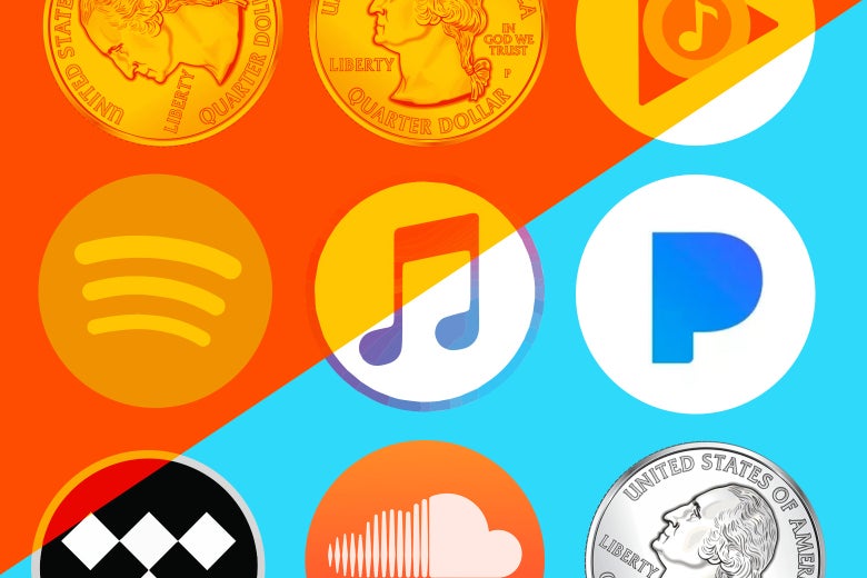Photo illustration: The logos for various streaming services, including Spotify and SoundCloud, and quarters, with the background stylized in the If Then color scheme.
