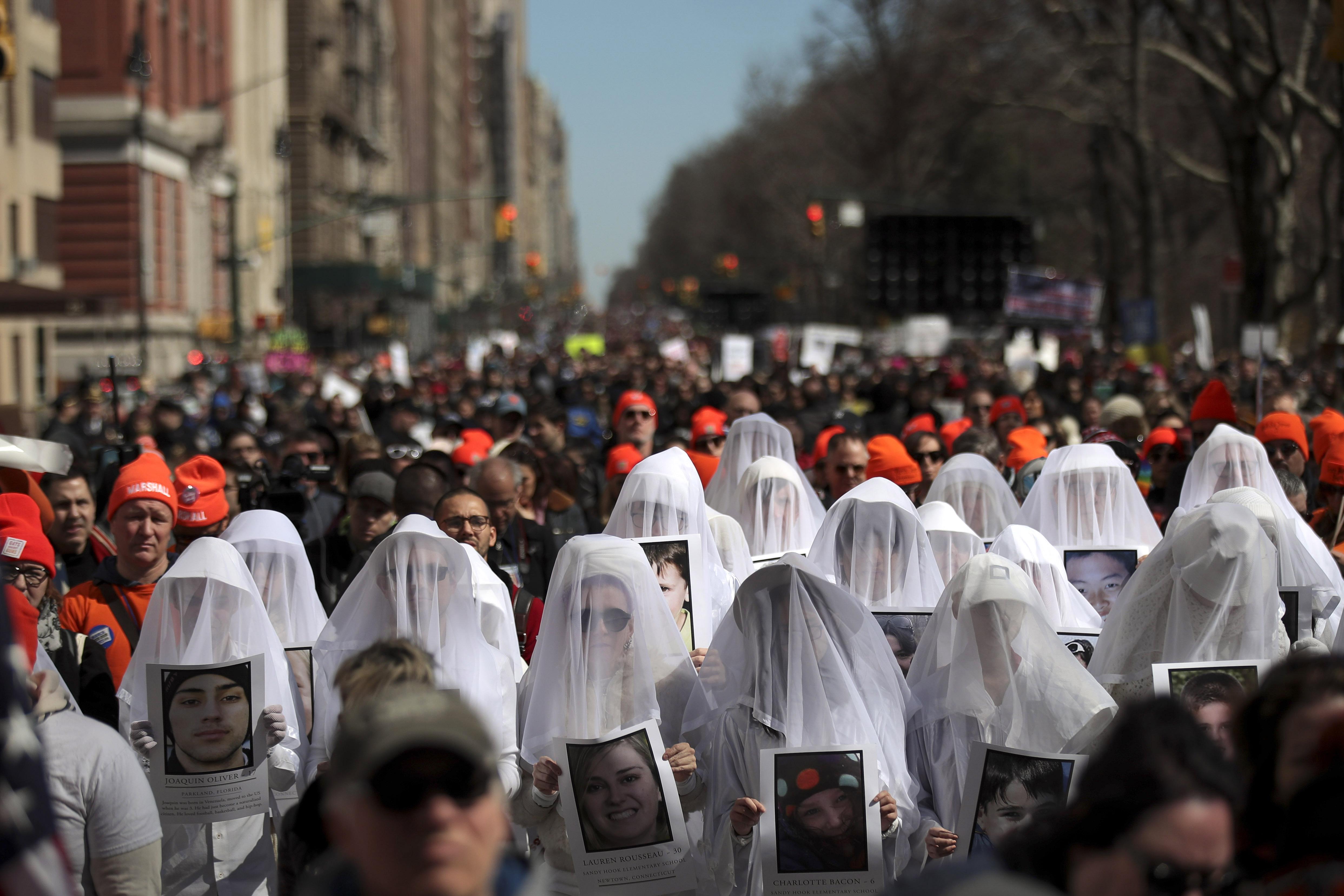 Protesters attend the March For Our Lives just north of Columbus Circle, March 24, 2018 in New York City.