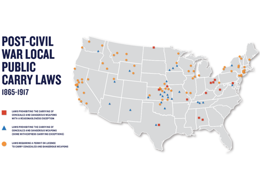 A map of the United States showing jurisdictions with laws prohibiting the carry of dangerous and concealed weapons with a reasonable exception, laws prohibiting the carry of dangerous and concealed weapons (some with express carrying exceptions), and laws requiring a permit or license to carry concealed and dangerous weapons