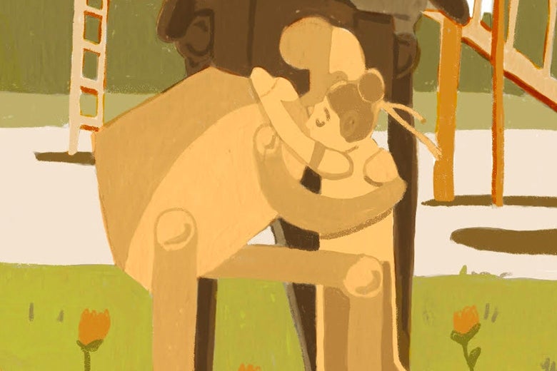 Close up of an illustration where a robot hugs a child in a playground in spring surrounded by flowers.