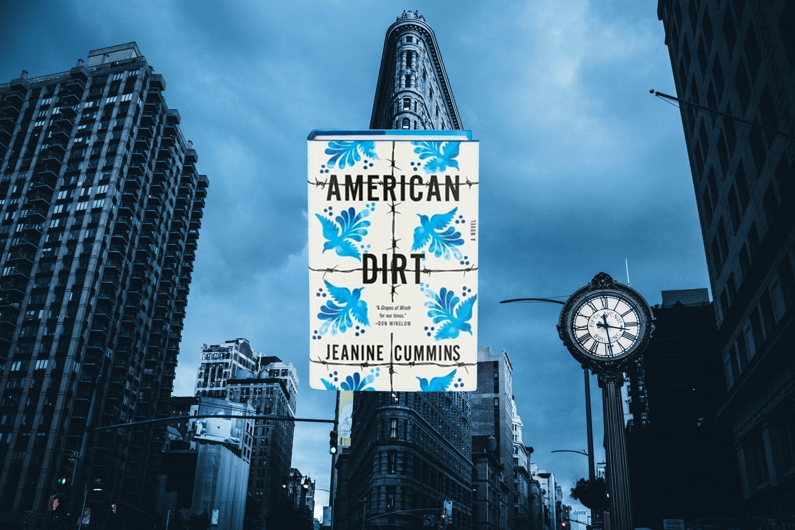 A picture of the Flatiron Building and the cover of the novel American Dirt