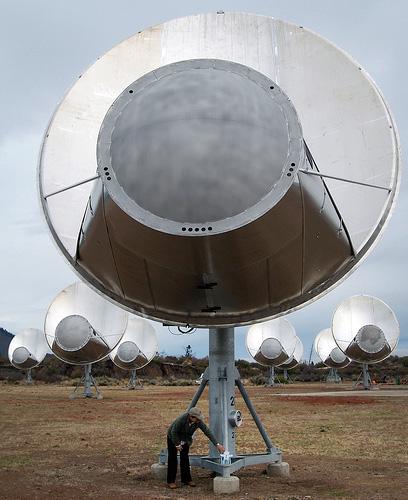 Closeup front view of one antenna of the Allan Telescope Array, a radio telescope for combined radio astronomy and SETI (Search for Extraterrestrial Intelligence.