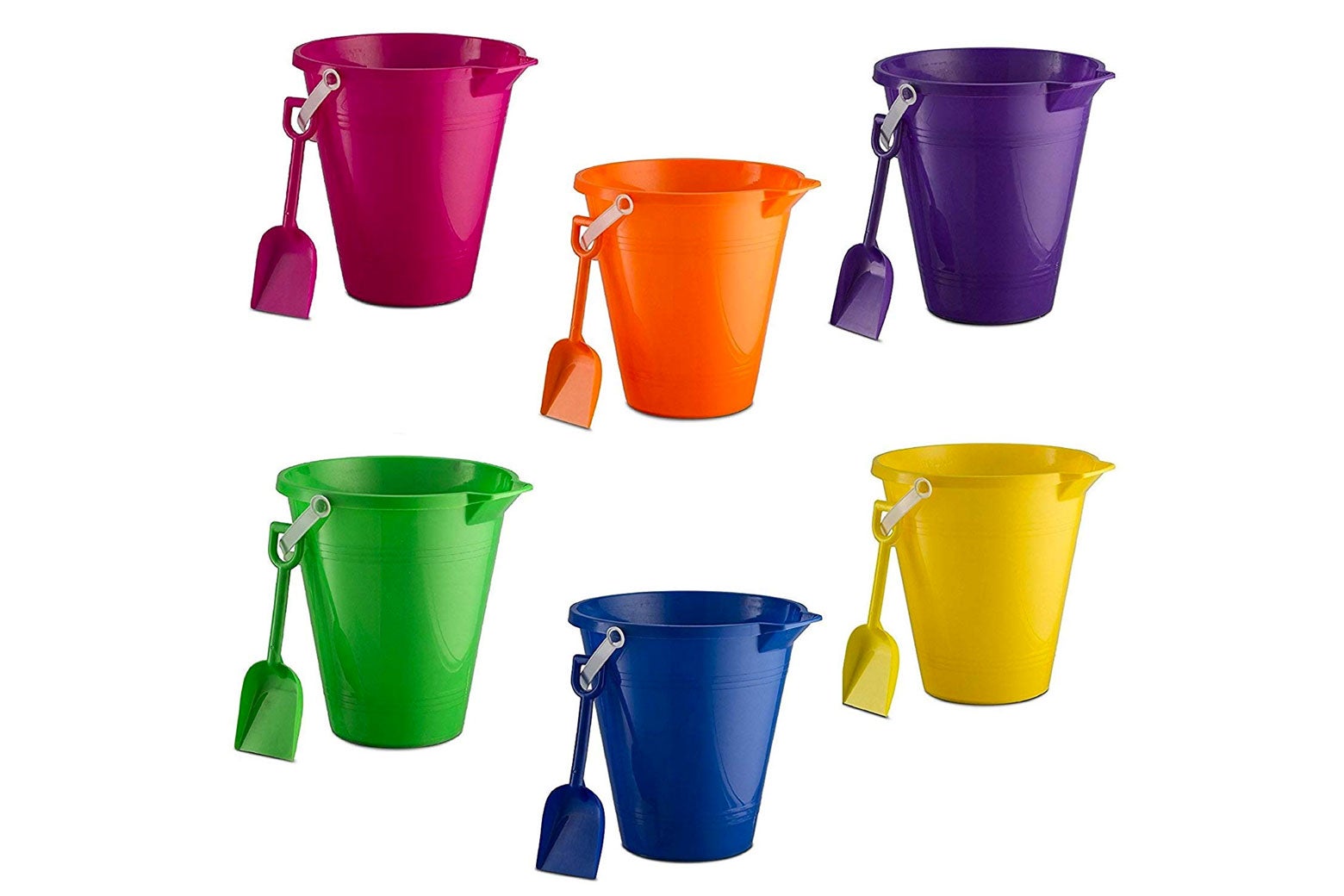 Colorful, plastic beach pails.