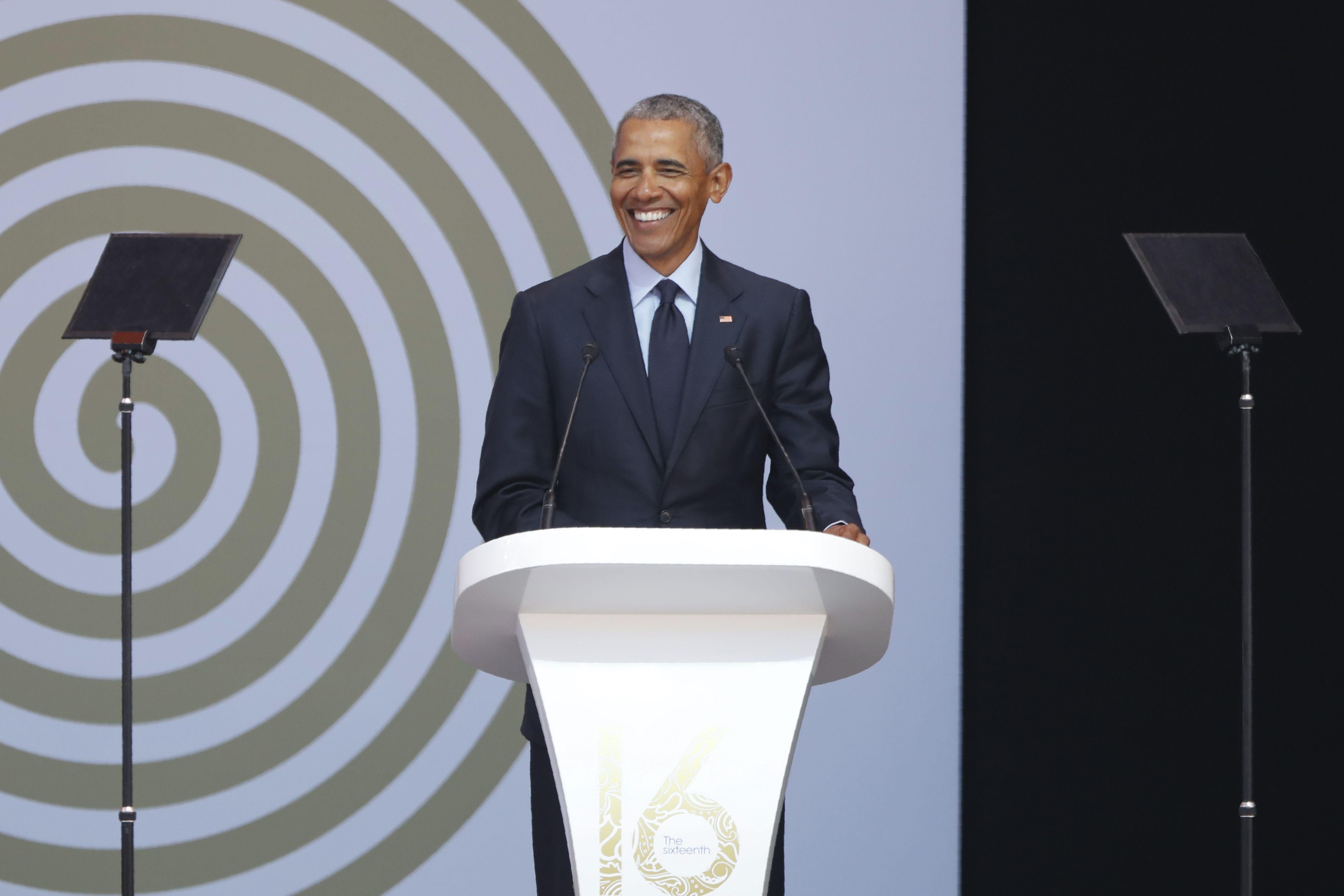 Former US President Barack Obama speaks during the 2018 Nelson Mandela Annual Lecture.