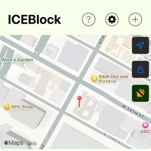 Een screenshot van de ICEBlock-app, met het logo van de app en een Apple Maps-scherm met verschillende knoppen