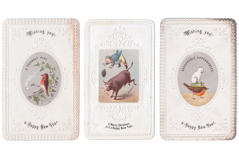 A card with a bird smoking a pipe that reads "A Friendly Pipe," a card with a bull throwing off a gentleman rider that reads "A Rise in the Market," and a card with a cat riding a bird that reads "Seasonable Appearances"