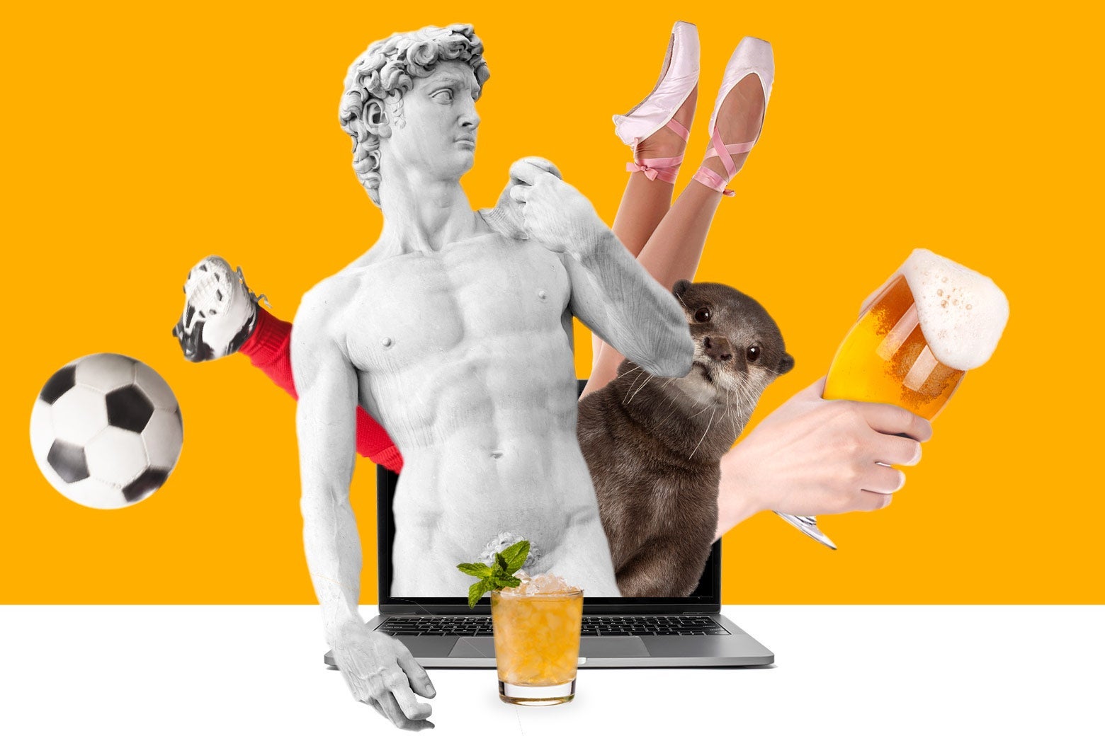 A soccer player, a statue, an otter, a ballet dancer, a hand proffering a beer, and a cocktail emerge from a laptop.