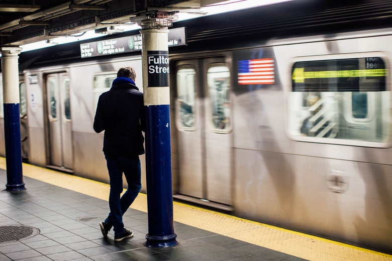 A man waits for the train at the Fulton Center subway station, March 22, 2018 in New York City. According to a report by advocacy group TransitCenter, transit ridership declined in 31 of 35 major metropolitan cities in the U.S. in 2017. Factors in the decline include lower fuel costs, increased auto ownership and ride-sharing services like Lyft and Uber. (Photo by Drew Angerer/Getty Images)