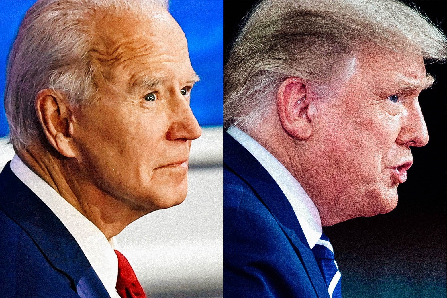 Side profiles of Biden, left, and Trump, right