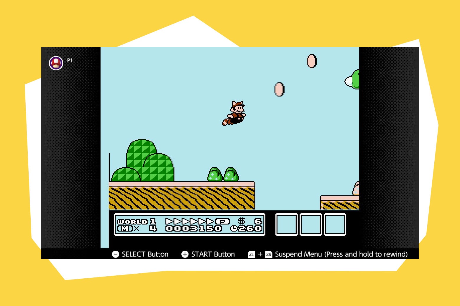 Mario flies toward coins using the raccoon suit.