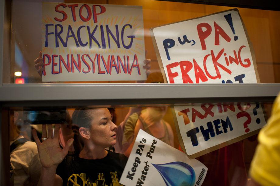Protesters against gas drilling and the technique of hydraulic fracturing (fracking) outside Pennsylvania's Department of Enviornmental Protection (DEP) office where the Marcellus Shale Advisory Commission was holding a meeting.
