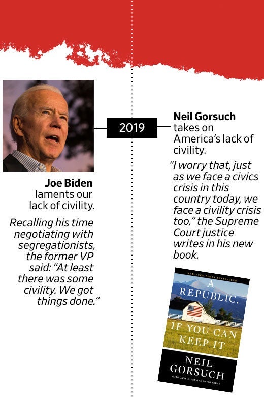 In 2019, Joe Biden laments our lack of civility. Recalling his time negotiating with segregationists, the former VP said: "At least there was some civility. We got things done." Neil Gorsuch also takes on America's lack of civility. "I worry that, just as we face a civics crisis in this country today, we face a civility crisis too," the Supreme Court justice writes in his new book, A Republic, if You Can Keep It.