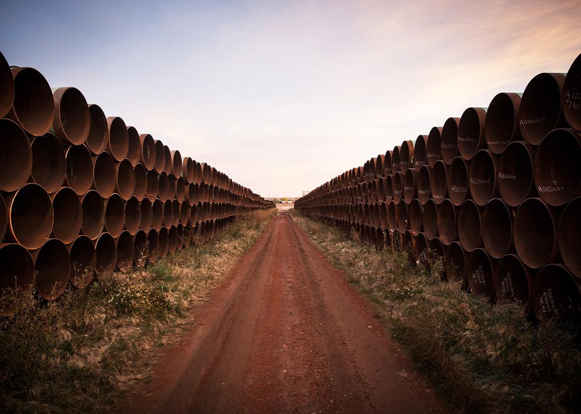 Miles of unused pipe, prepared for the proposed Keystone XL pipeline, sit in a lot on October 14, 2014 outside Gascoyne, North Dakota.  