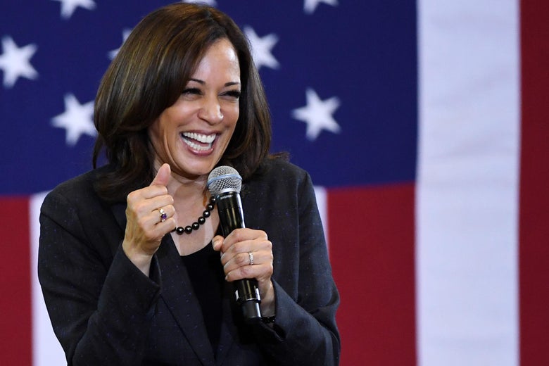 Kamala Harris holds a microphone in front of an American flag.