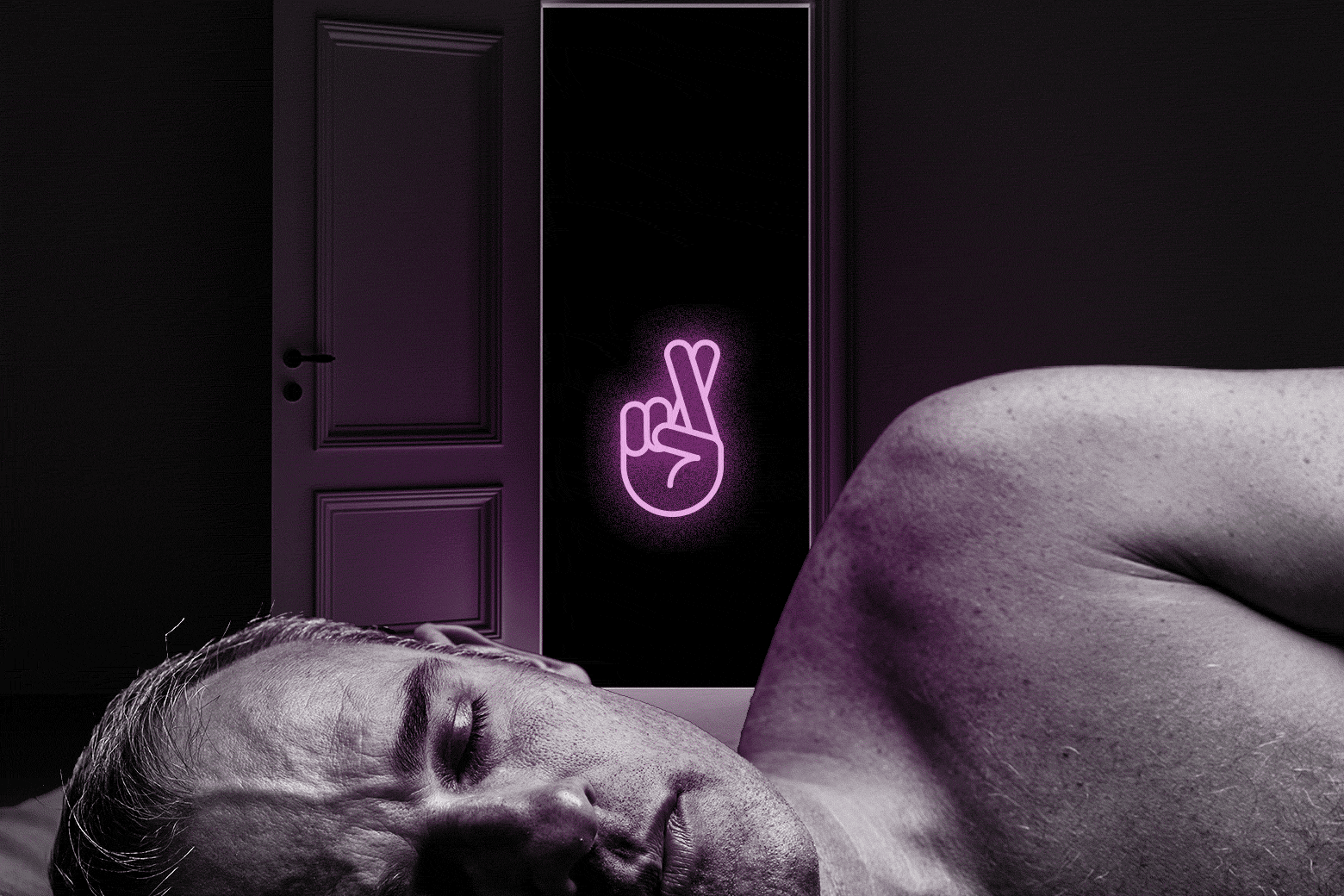 An older man lays in bed on his side, in front of a cracked door. A neon "crossed fingers" emoji floats above.