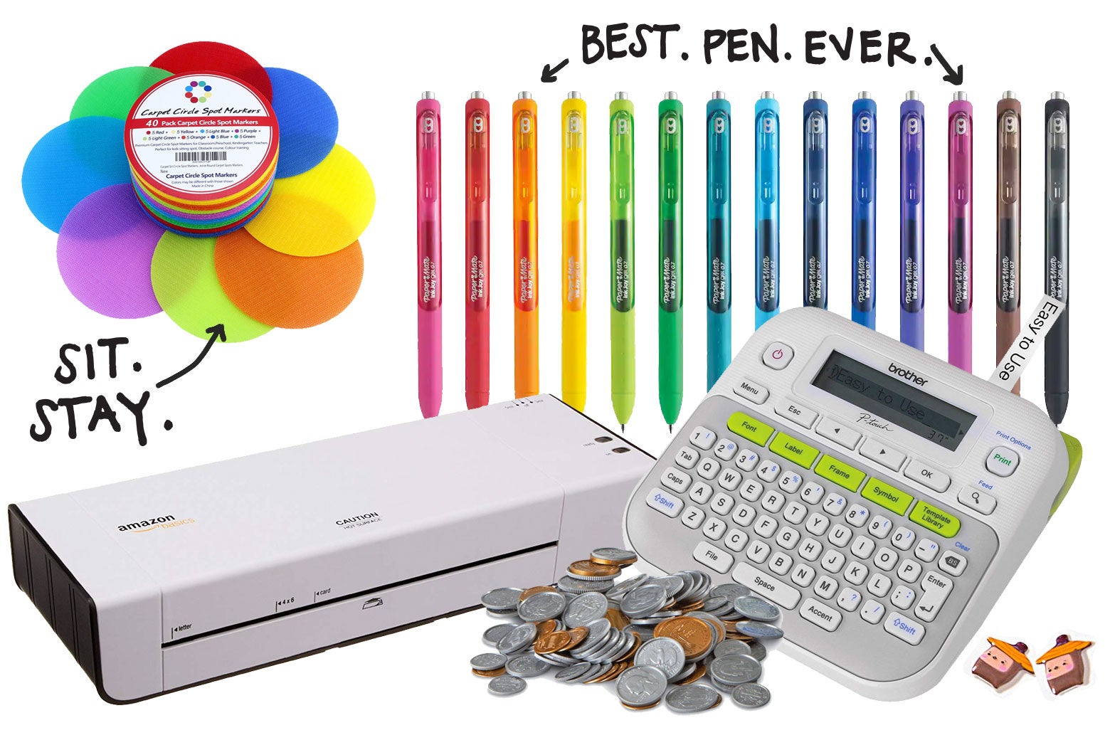 A laminator, carpet circles, pens, a label maker, and play money.