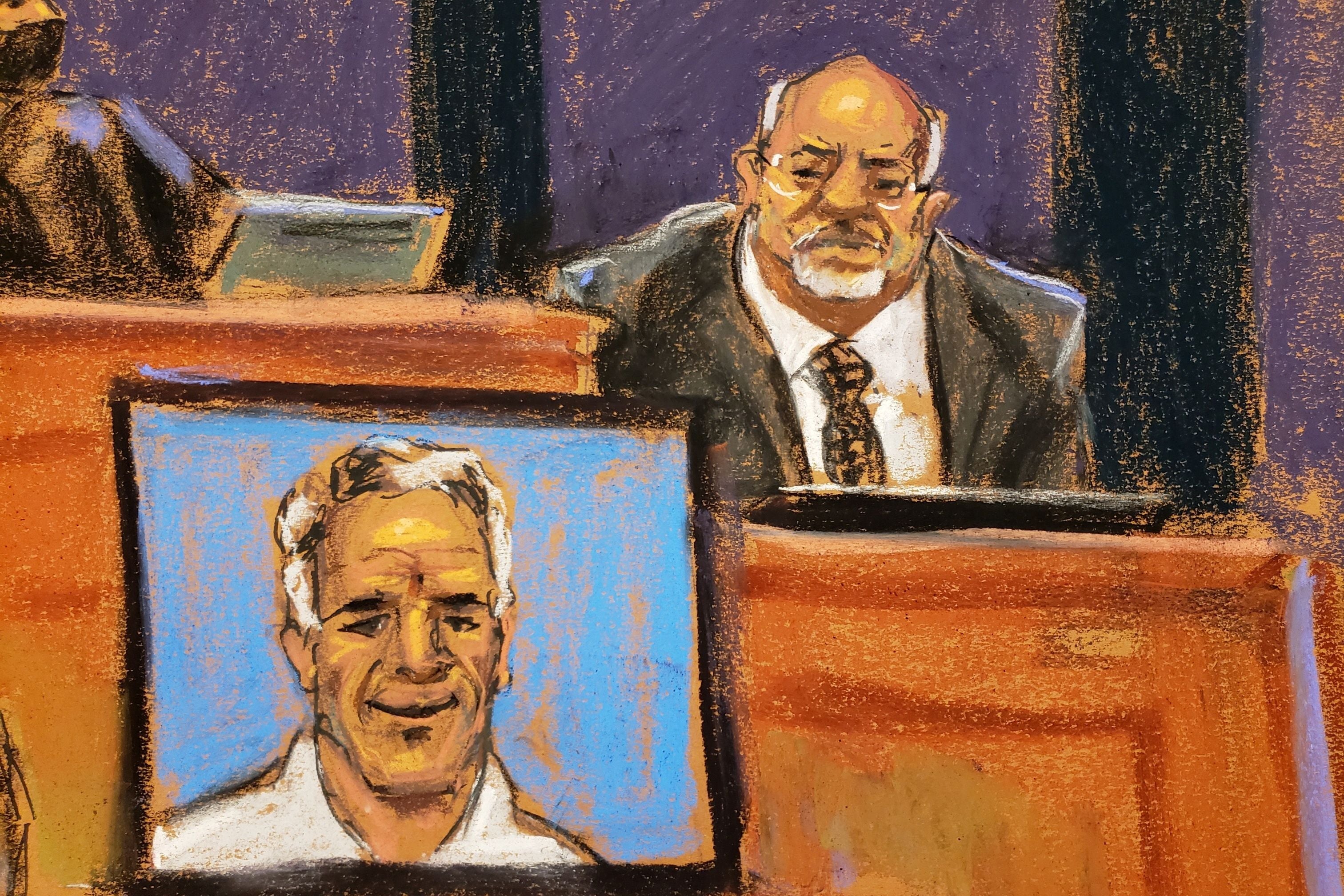 A courtroom drawing of Juan Alessi in the witness stand and an image of Jeffrey Epstein on a screen in front of him