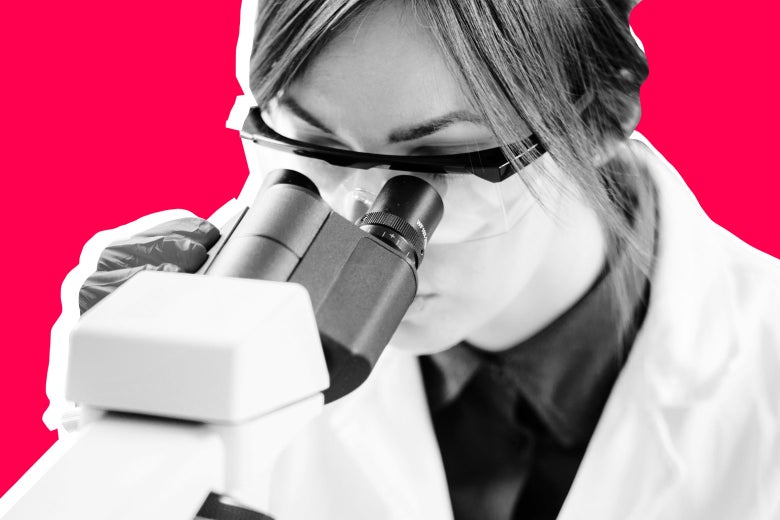 Photo illustration: A female tech peers into a microscope.