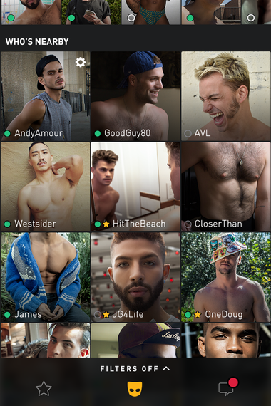 A Grindr app grid populated with profile images of models.