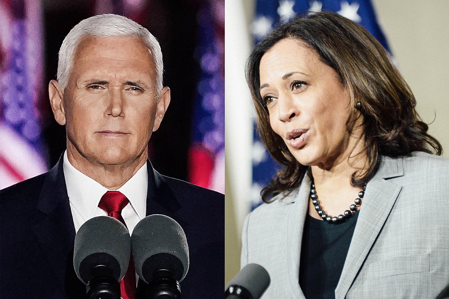 Side-by-side photos of Pence and Harris speaking into microphones
