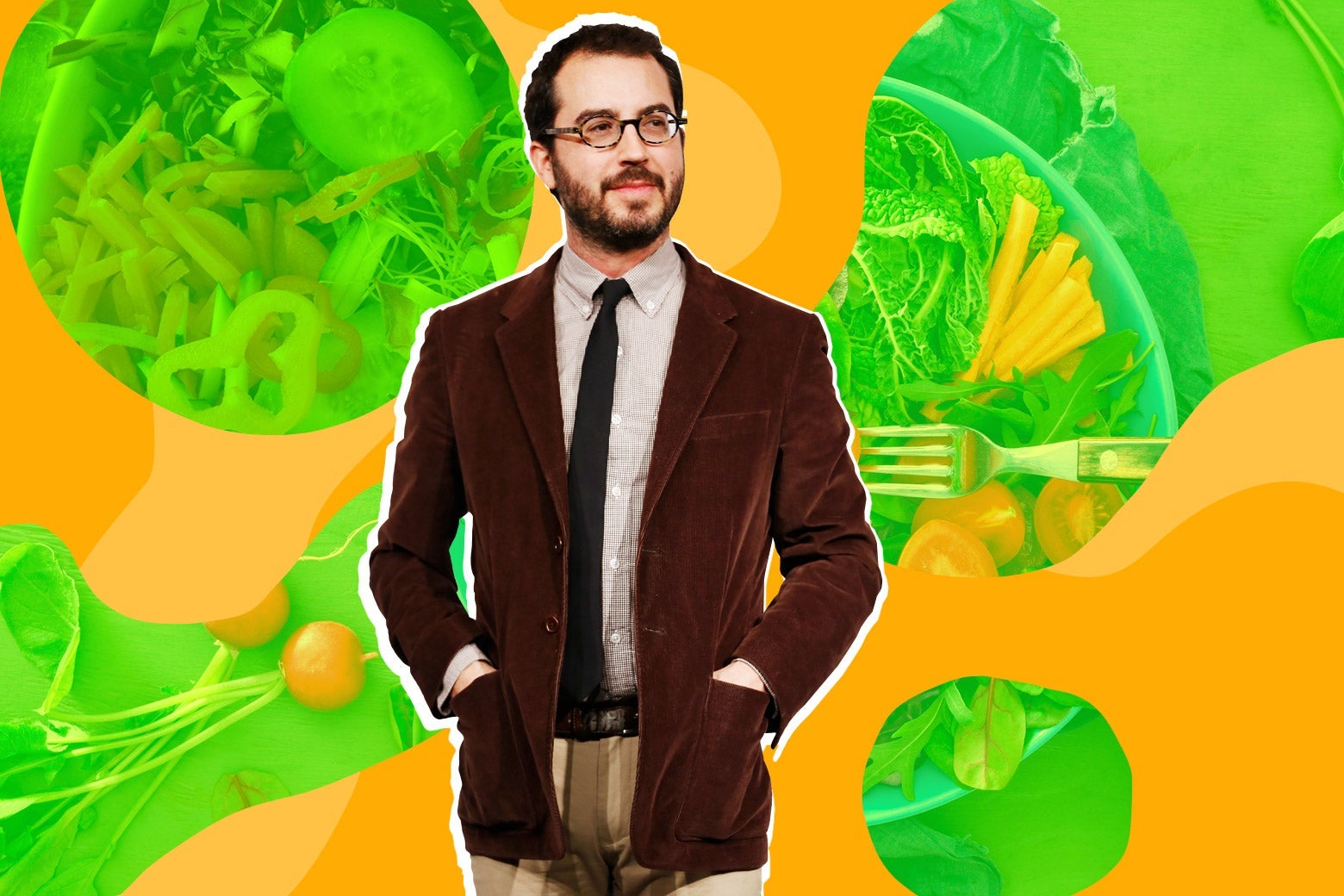 Photo illustration of Jonathan Safran Foer with a background of vegan food