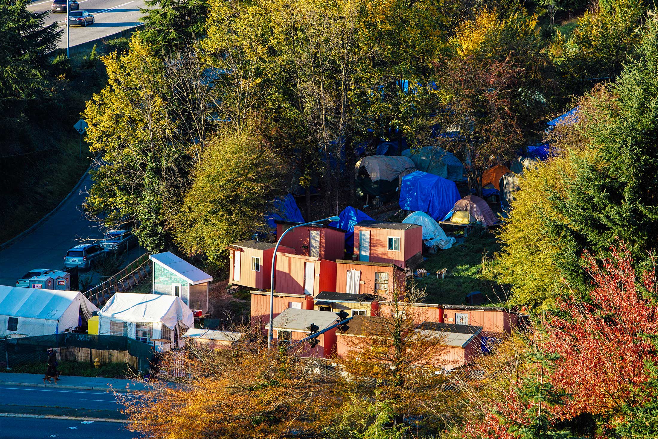 The sun begins to set on the homeless encampment known as Nickelsville on November 3, 2015, in Seattle, Washington. 