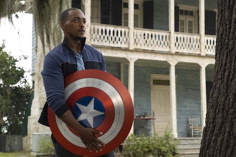 Sam Wilson holds Captain America's shield.