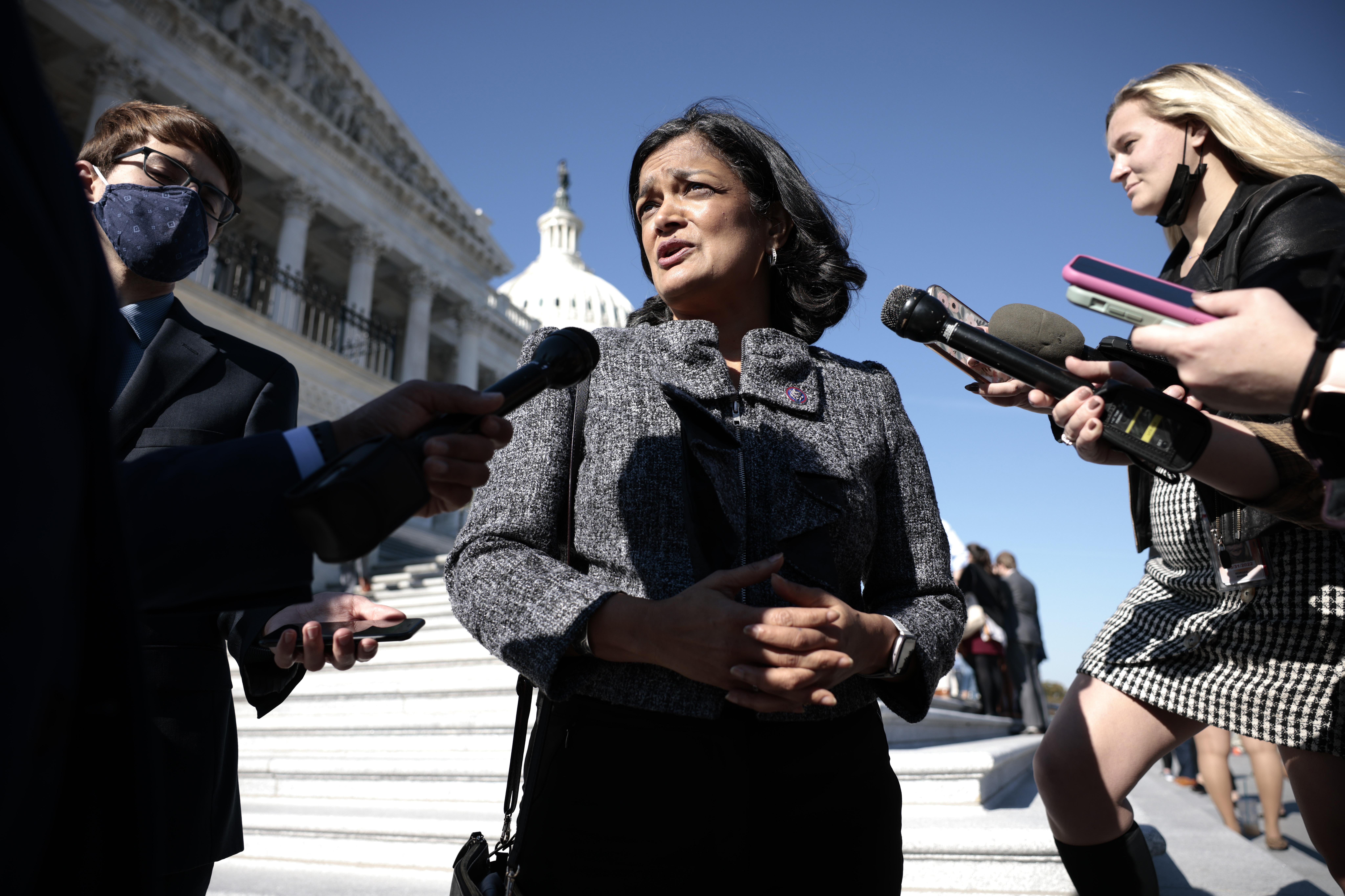 Chair of the Congressional Progressive Caucus Rep. Pramila Jayapal speaking with reporters outside the U.S. Capitol Building on November 18, 2021 in Washington, DC. 