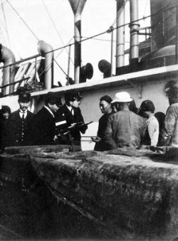 On board the S.S. Elford at Portland, Oregon, John B. Sawyer, 3rd from left.
