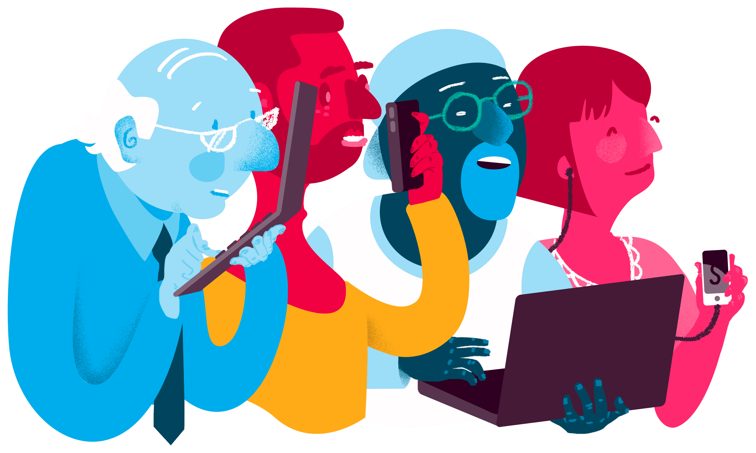 Illustration depicting a colorful group of people using an array of mobile devices.