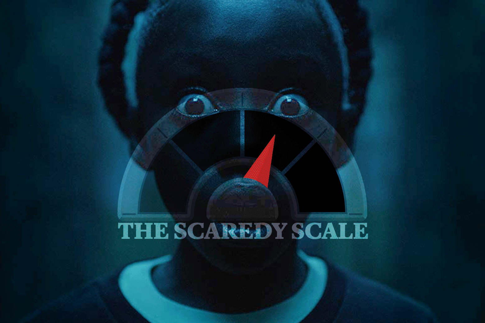 GIF: A still of the daughter from Us with a flickering "The Scaredy Scale" superimposed.
