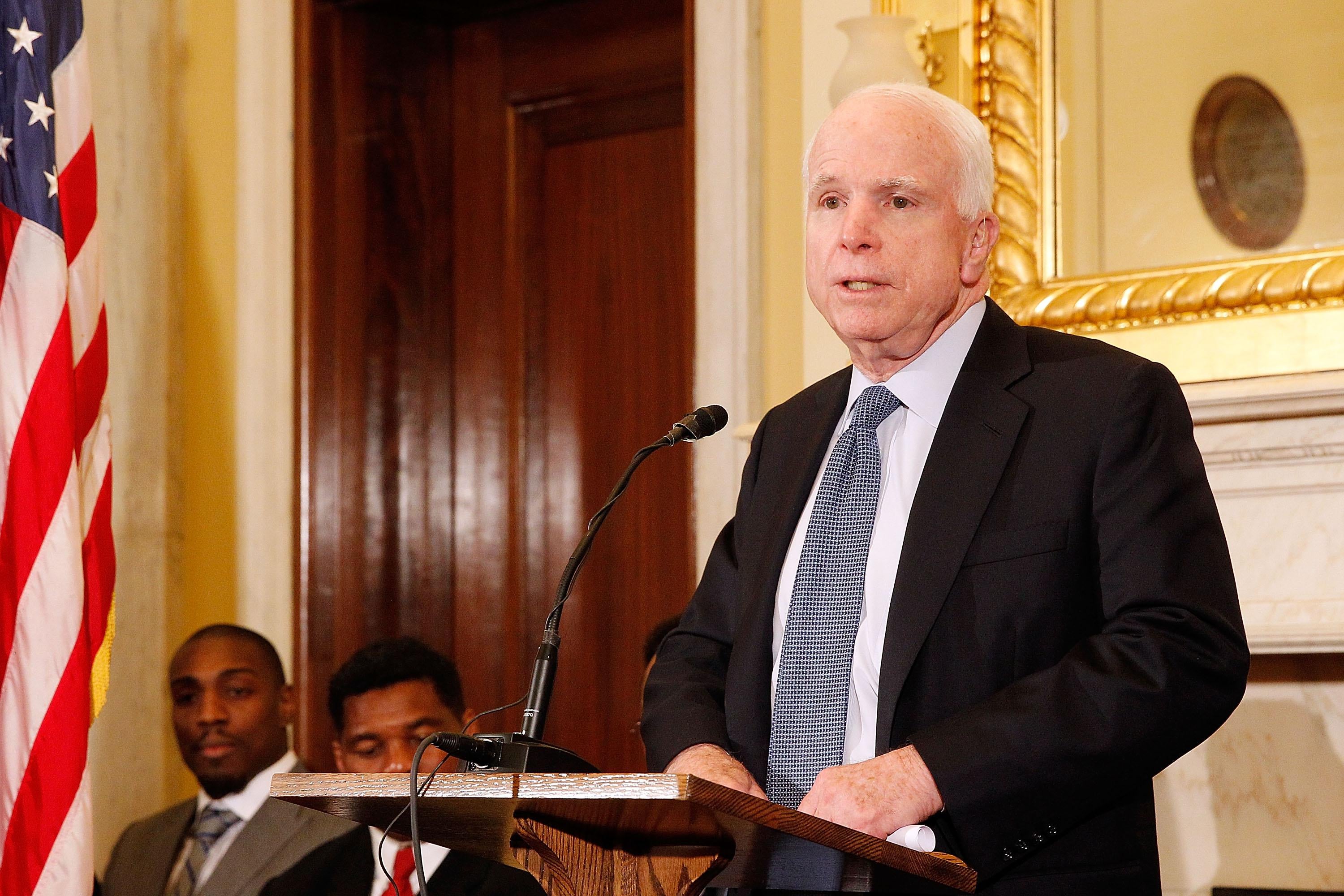 WASHINGTON, DC - APRIL 26:  Sen. John McCain (R-AZ) speaks at a press conference to show support of  professional fighters study at Cleveland Clinic Lou Ruvo Center for Brain Health on April 26, 2016 in the Russell Senate Building in Washington, DC.  (Photo by Paul Morigi/Getty Images for Spike TV)