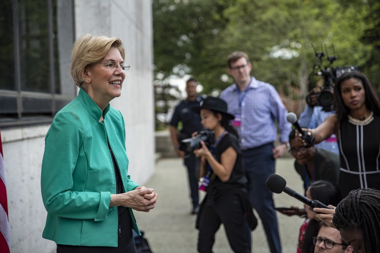 HOUSTON, TX - APRIL 24: Democratic presidential candidate Sen. Elizabeth Warren (D-MA) speaks to members of the media after the She The People Presidential Forum at Texas Southern University on April 24, 2019 in Houston, Texas. Many of the Democrat presidential candidates are attending the forum to focus on issues important to women of color. (Photo by Sergio Flores/Getty Images)