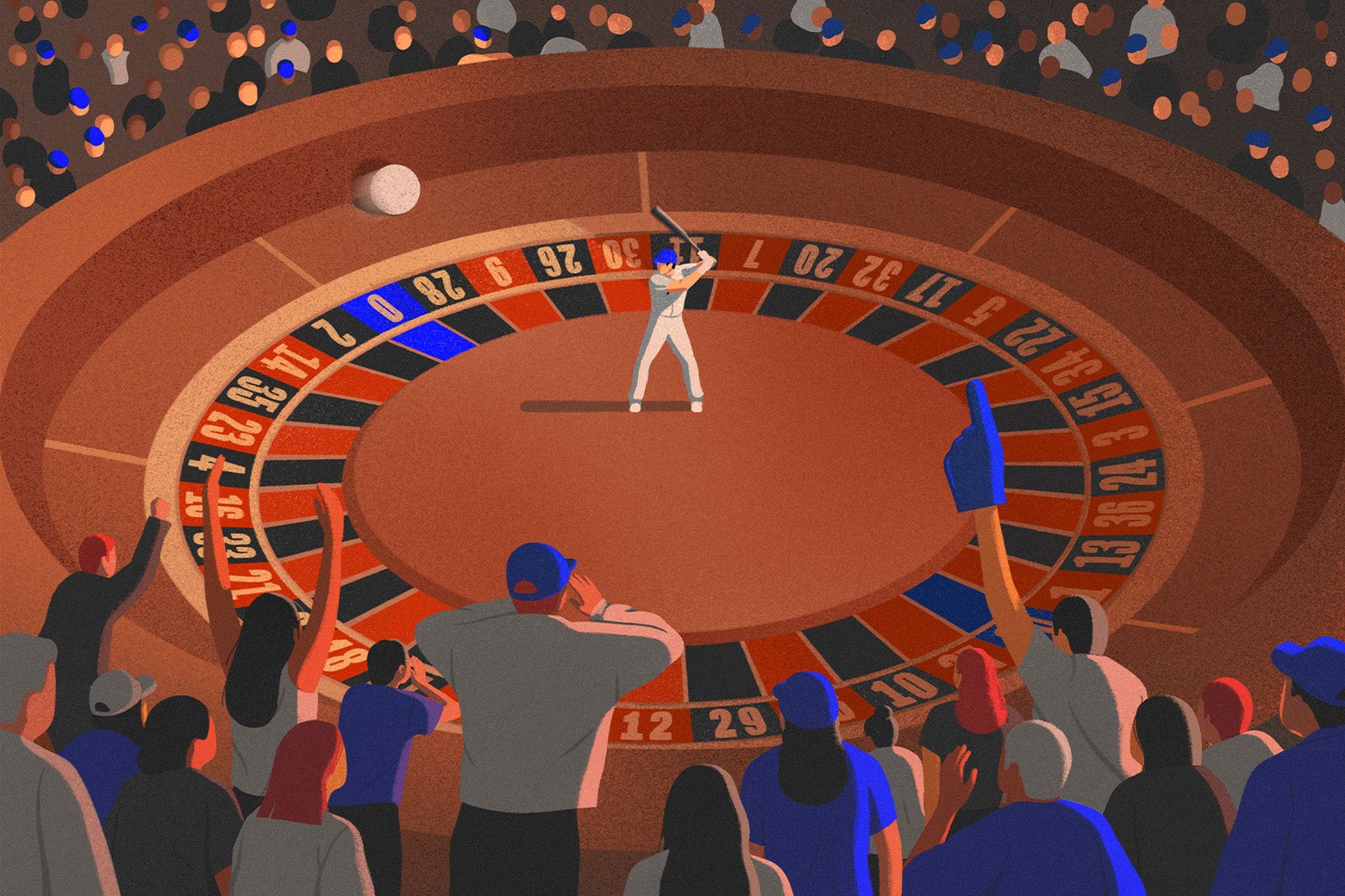 An illustration of a man playing baseball inside a round roulette wheel as a large colorful crowd surrounding it cheers. 
