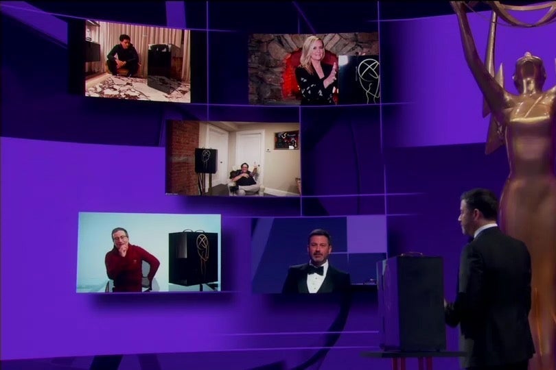 Host Jimmy Kimmel addresses video conference windows containing the nominees for Outstanding Variety Talk Series in this still from the Emmys.