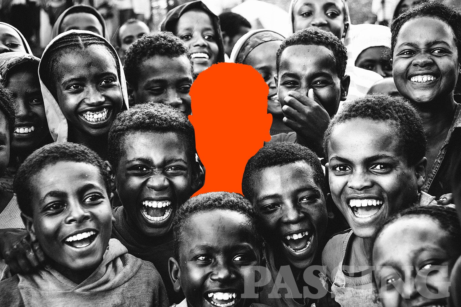 An orange silhouette of a person in a crowd of Africans.