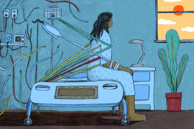 Sick woman restrained by hospital cords looking out window at the sun.