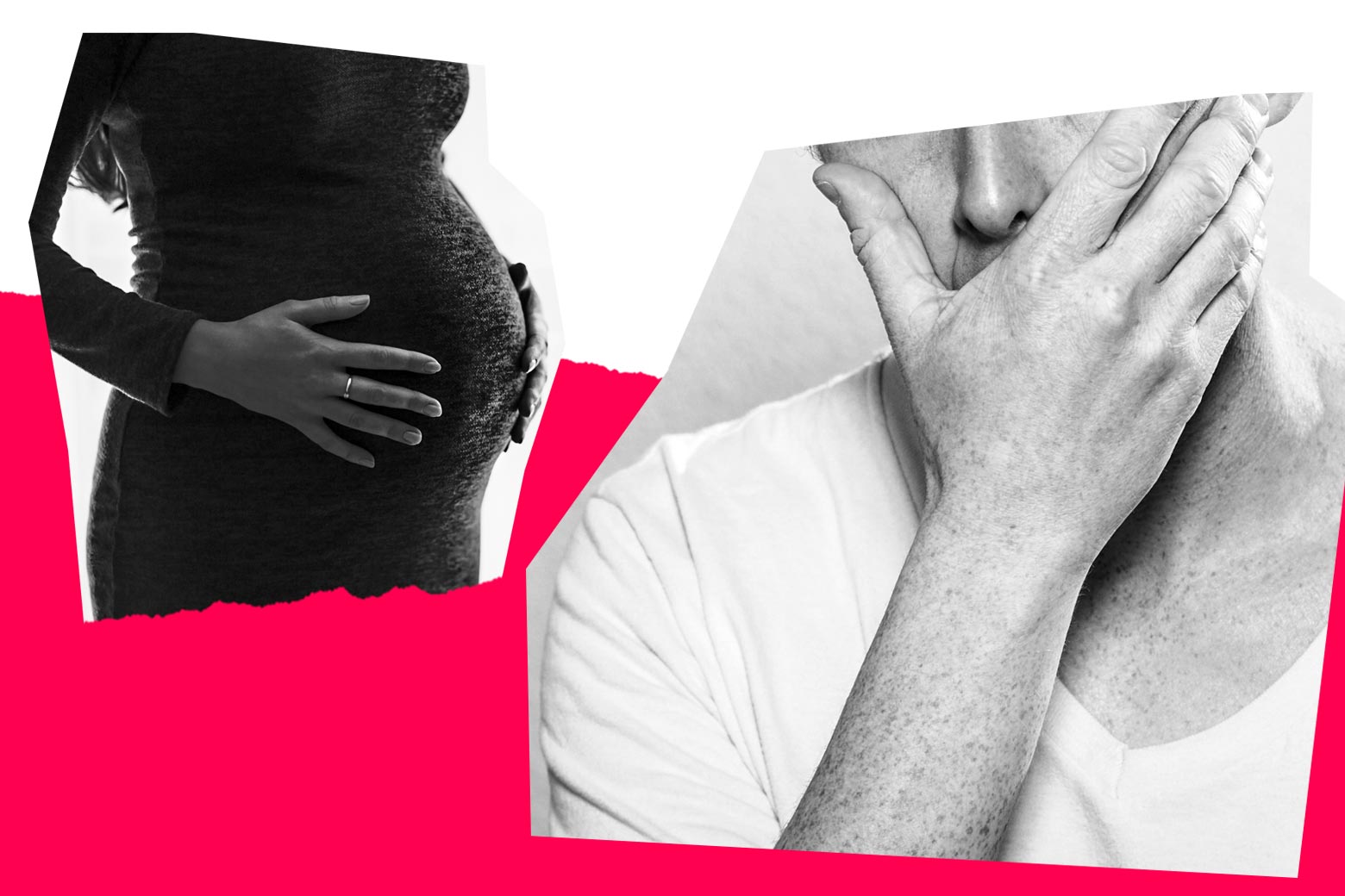 A woman holding her pregnant belly is shown at left. A man holds his hand to his face at right.