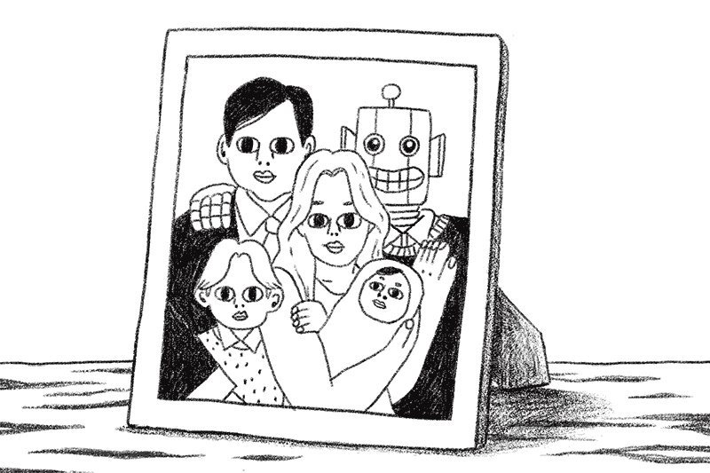 A family photo in a frame, with a man, woman, two children, and a robot.