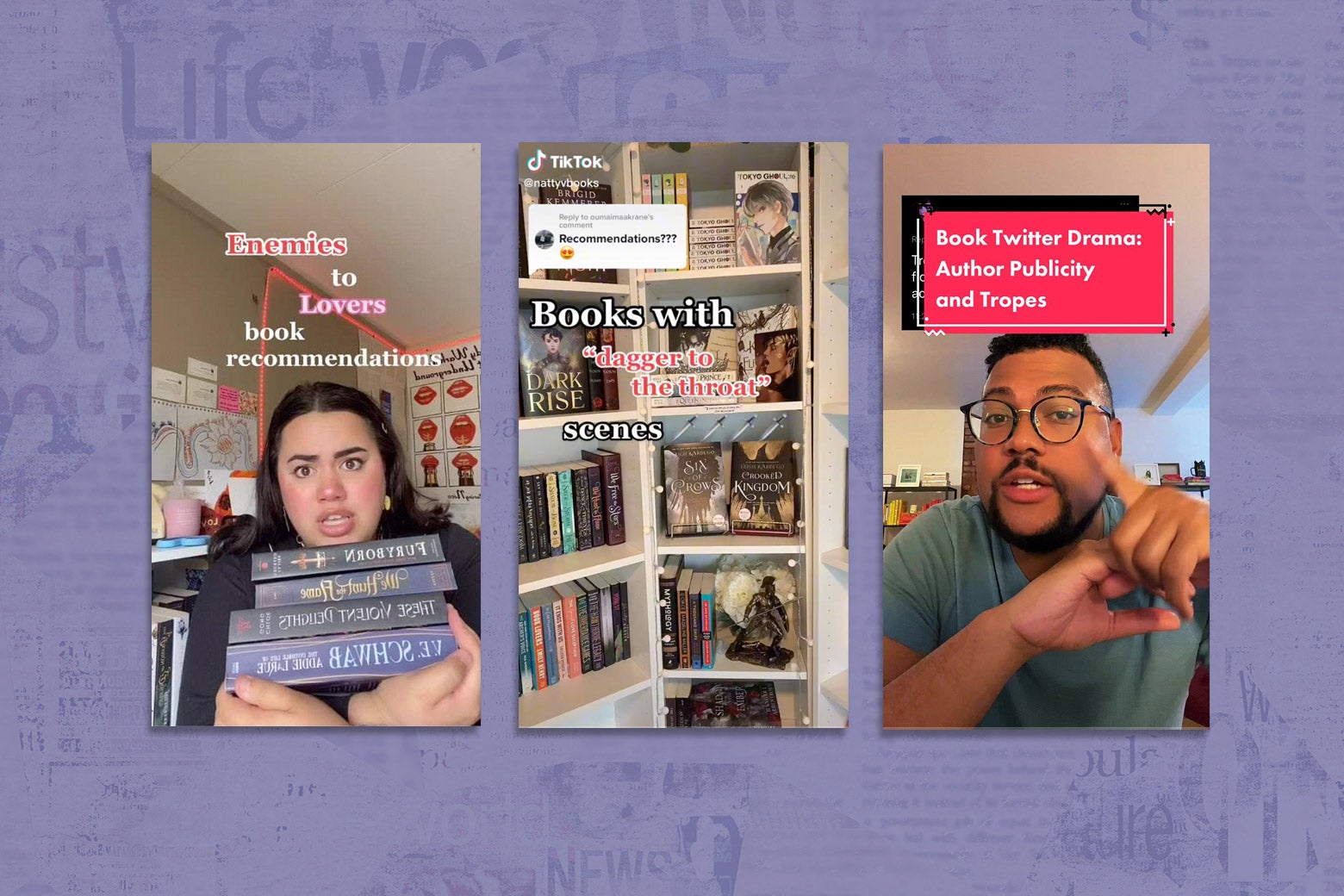Screenshots of three BookTok accounts describing various tropes, including "enemies to lovers" plots and "dagger to the throat" scenes, as well as a bookfluencer explaining Book Twitter drama around publicity and tropes.