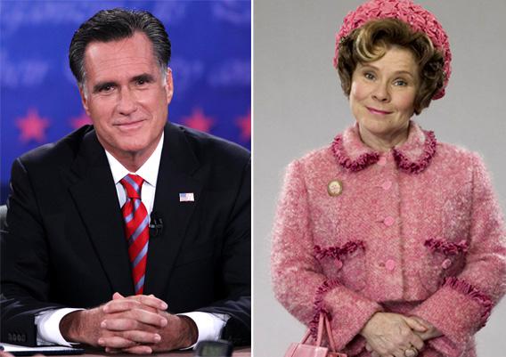Mitt Romney at the third presidential debate on Monday, and Imelda Stuanton as Dolores Umbridge in Harry Potter and the Prisoner of Azkaban.