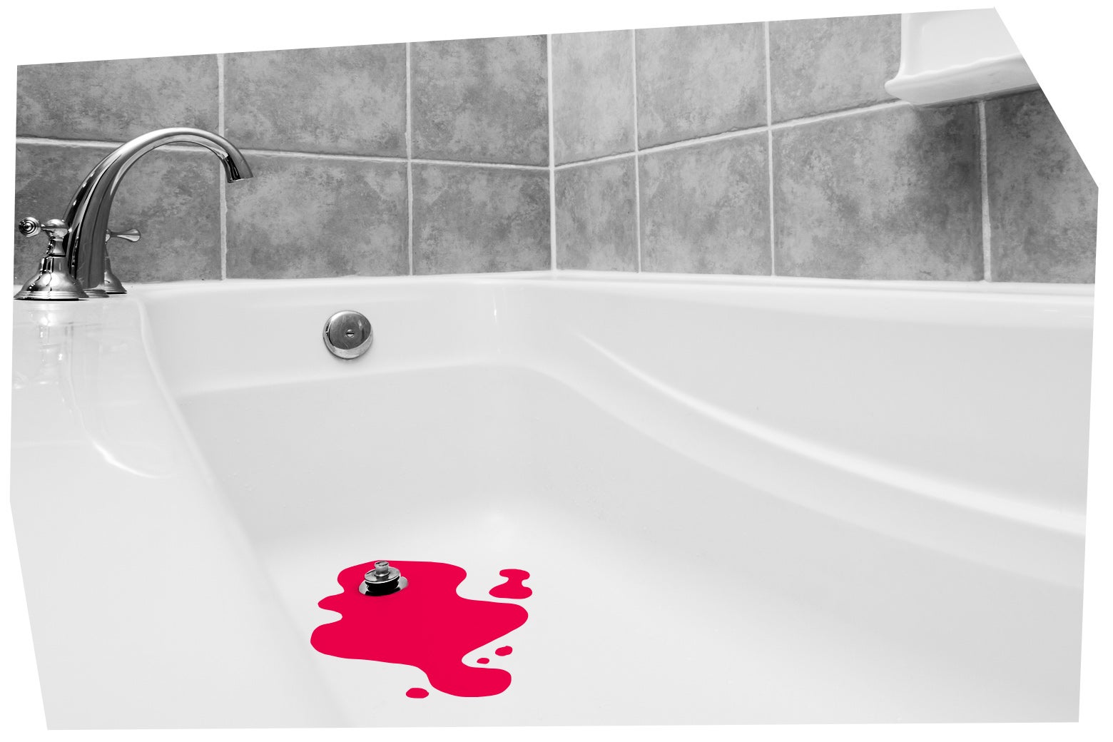 Photo of a bathtub with an illustrated puddle around the drain.