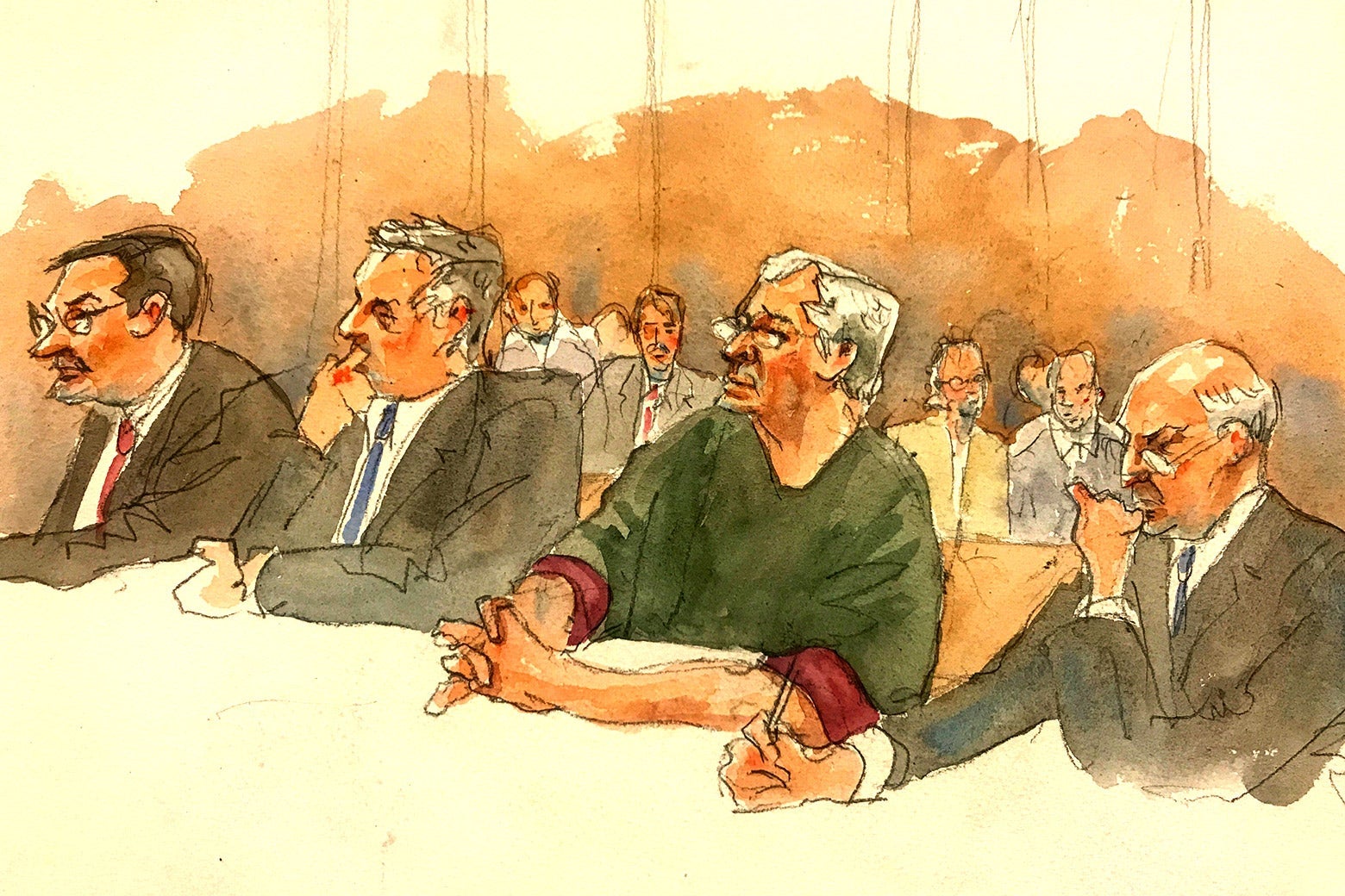 In this courtroom sketch, defendant Jeffrey Epstein, second from right, listens along with defense attorneys as Judge Richard M. Berman denies him bail during a hearing in federal court on July 18, 2019 in New York. 