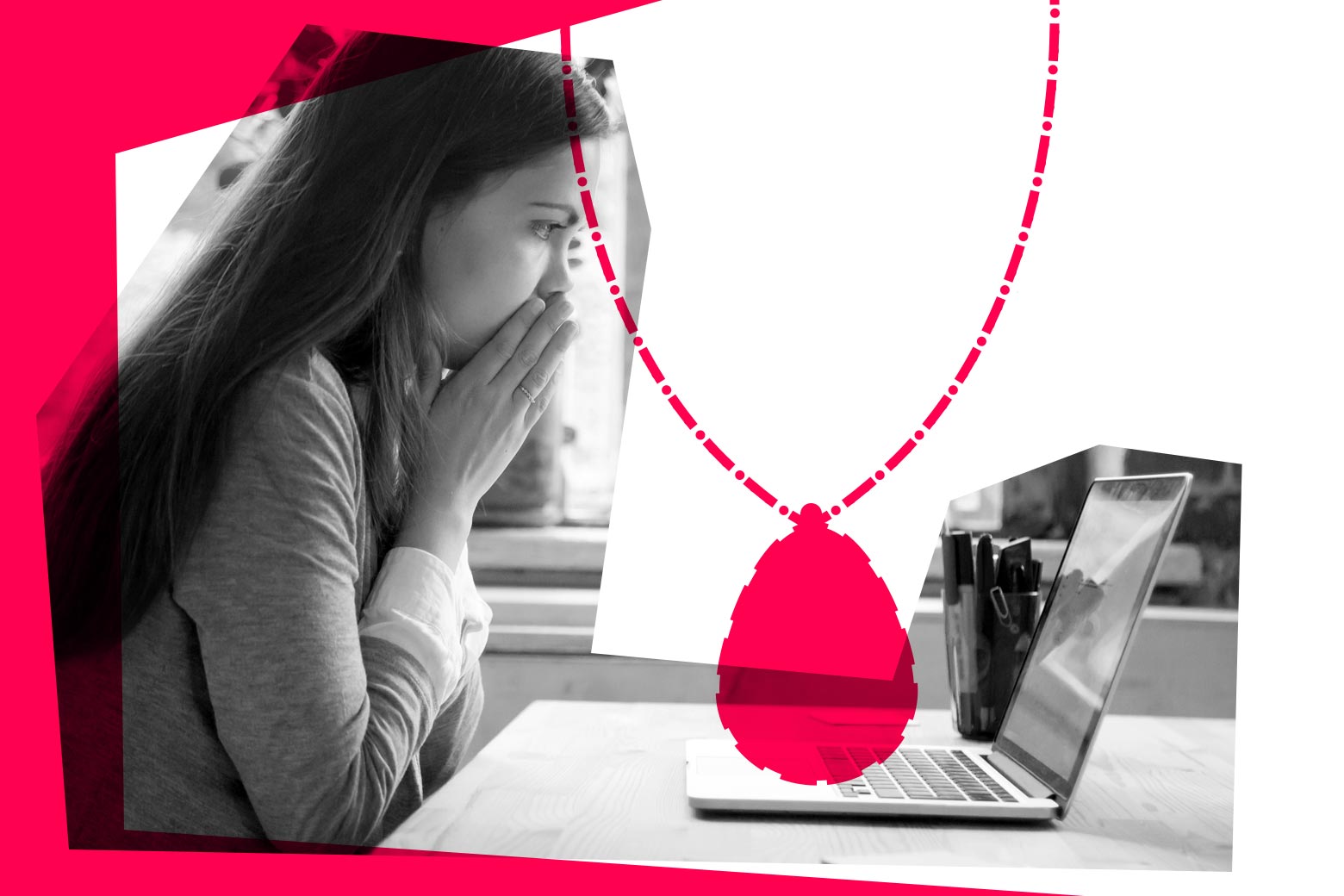 Woman looking at a laptop with a shocked face, and a silhouette of a necklace hanging over