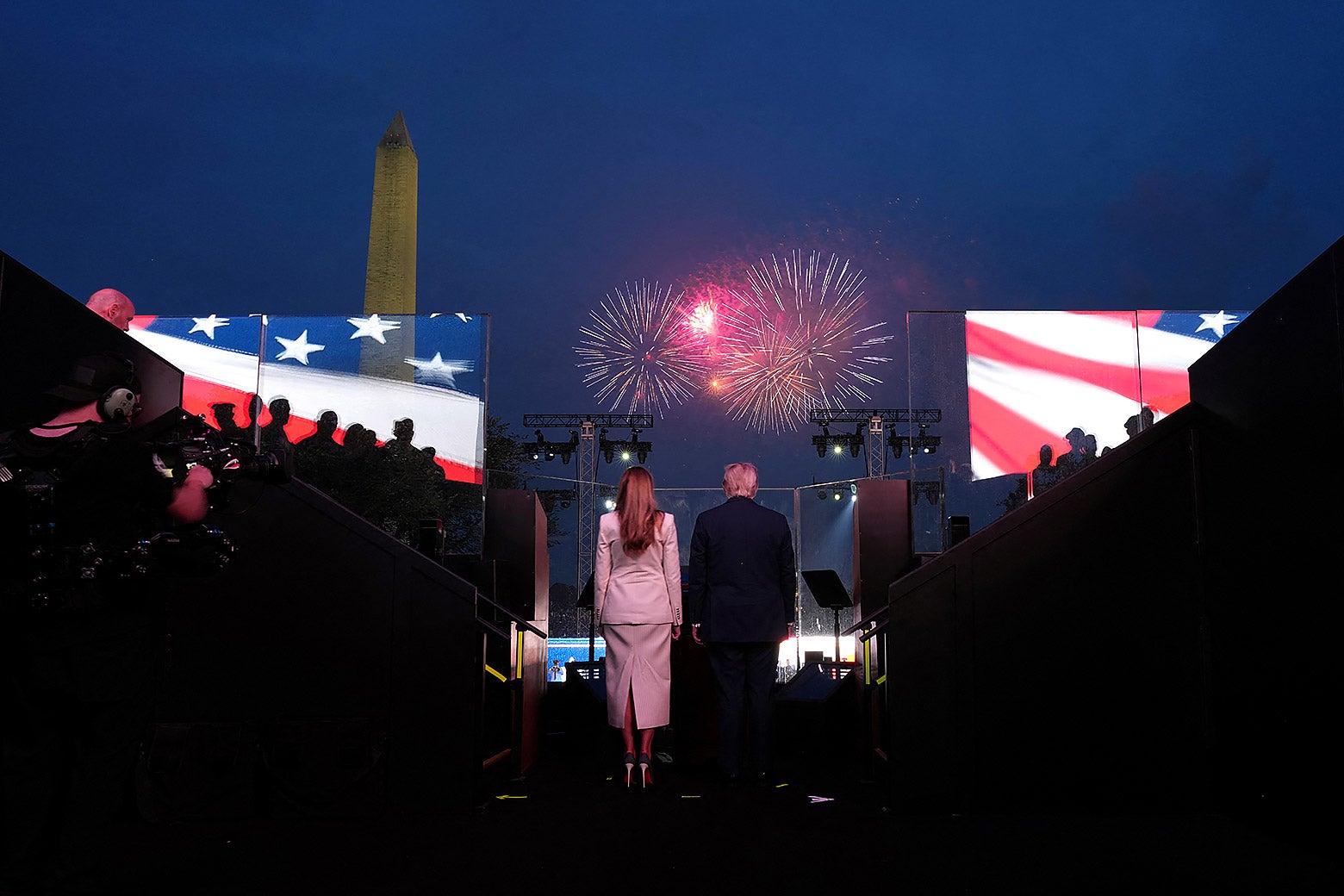 Donald and Melania Trump watch fireworks during the celebration of the Army’s 250th birthday on the National Mall in Washington, D.C.