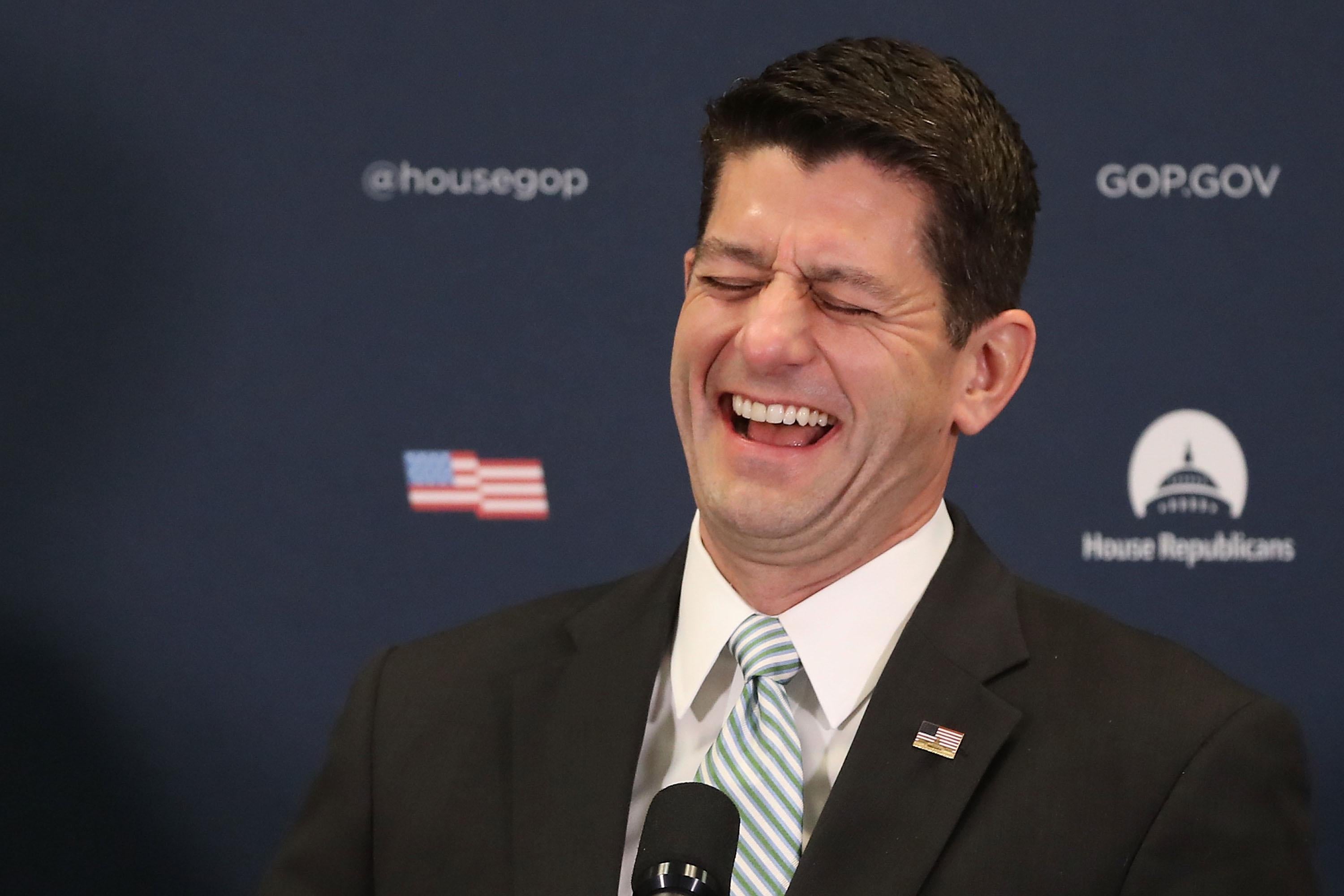 WASHINGTON, DC - APRIL 04:  House Speaker Paul Ryan (R-WI) laughs during a media briefing after attending a closed House Republican conference, on Capitol Hill, on April 4, 2017 in Washington, DC. Speaker Ryan spoke on issues regarding healthcare and House Intelligence Committee Chairman Nunes.  (Photo by Mark Wilson/Getty Images)
