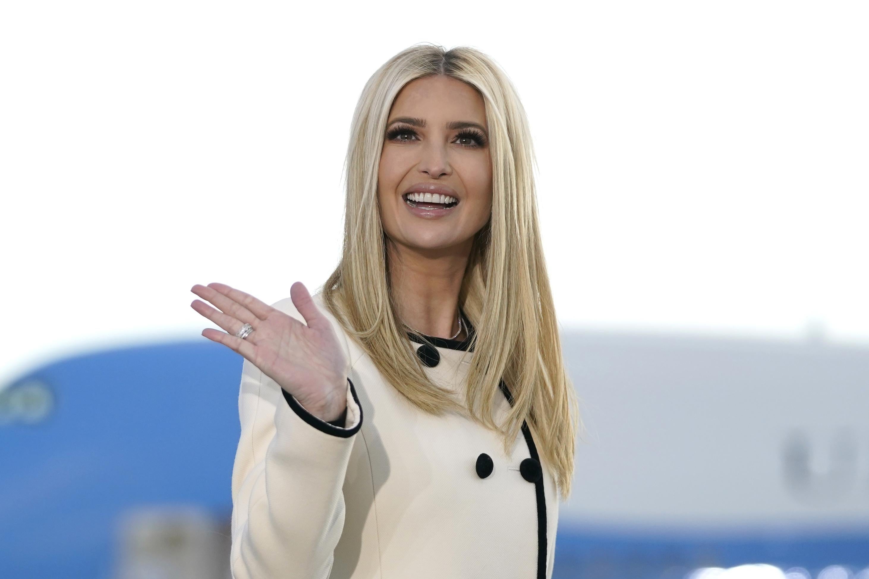 Ivanka Trump waves as she arrives at Joint Base Andrews in Maryland for US President Donald Trump's departure on Jan. 20.